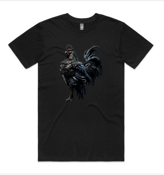 flat lay of the big black knight rooster tshirt