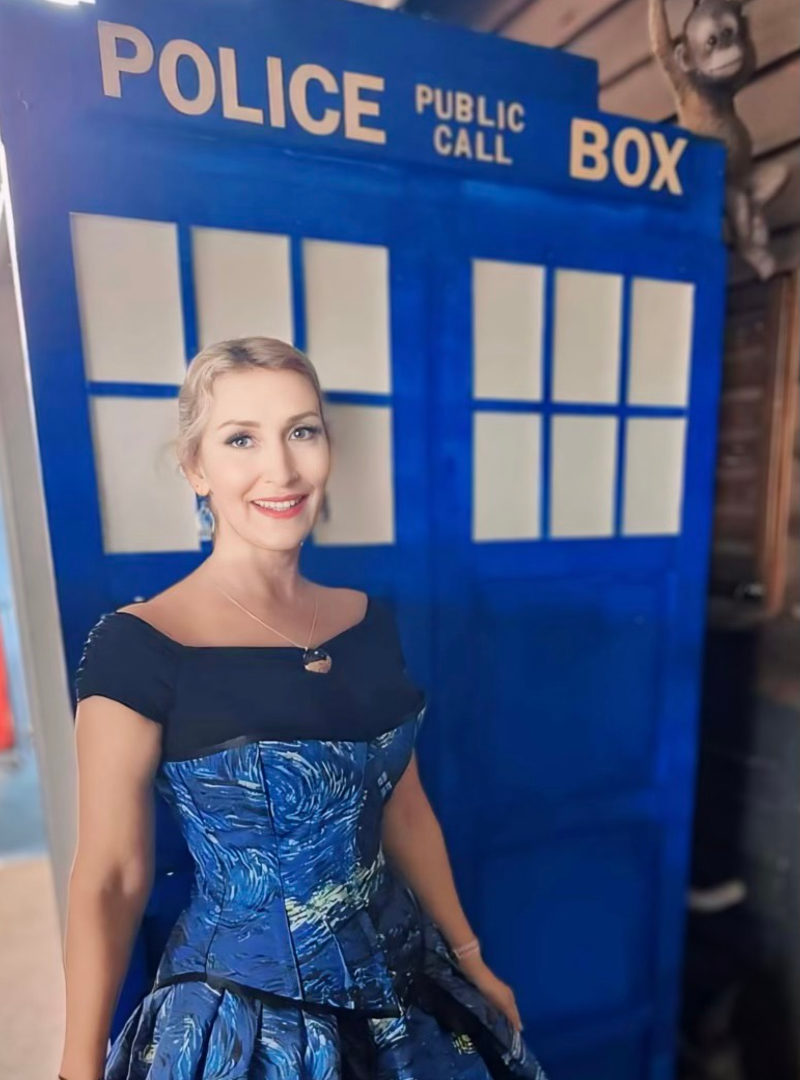 Silvia Sullivan from the Haunted Dolls Museum in Queensland wearing the Starry Night Tardis Corset, custom made in Australia