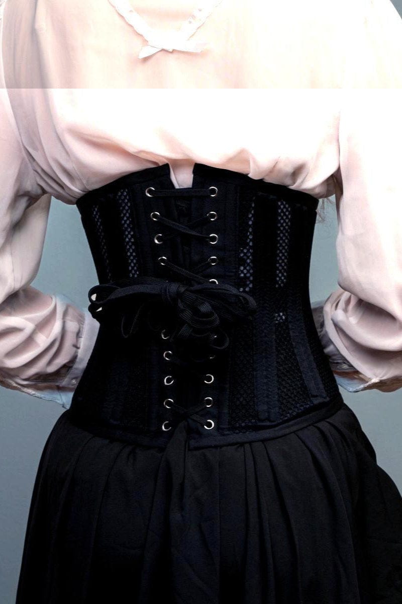 back view close up on the black cotton and mesh doubleboned under bust corset for waist control and posture at Gallery Serpentine