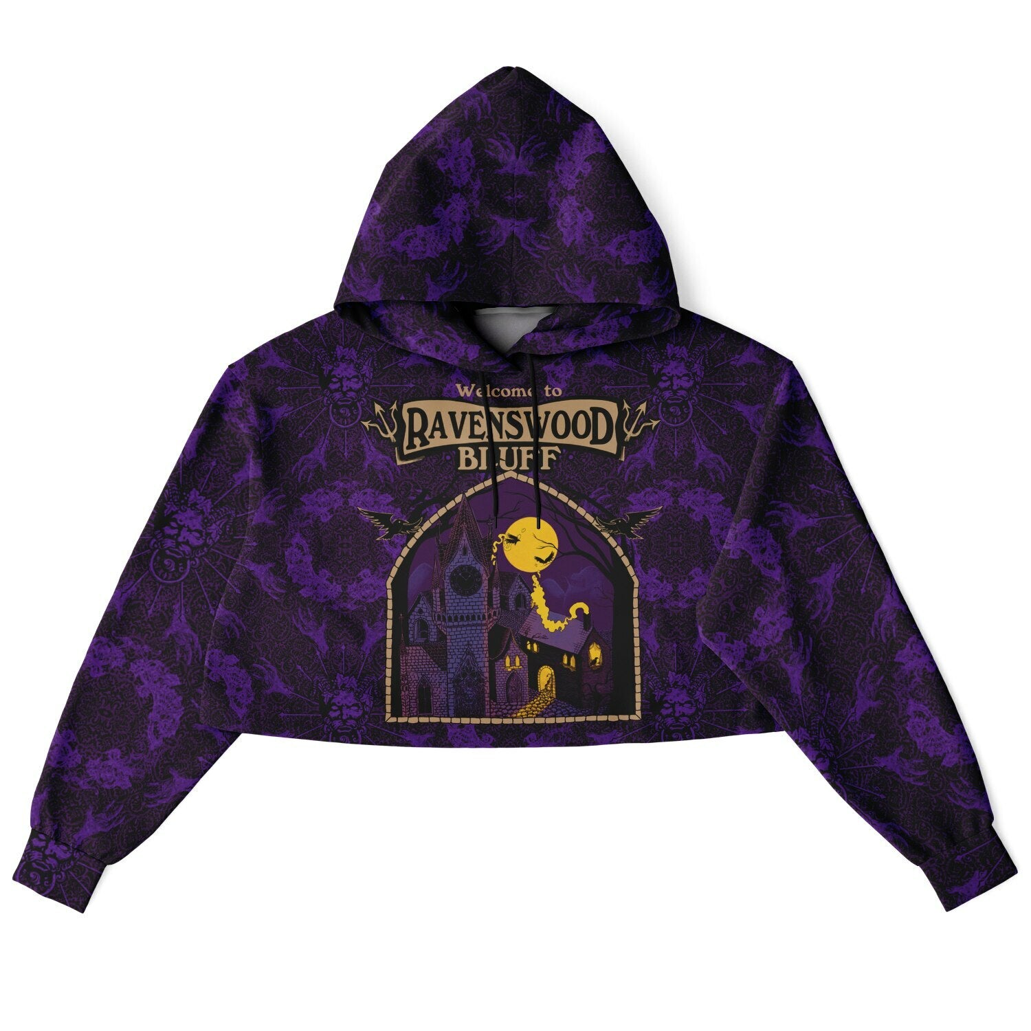 cropped short hoodie for Blood on the Clocktower fans featuring a portal view into the mythical setting of the boardgame, Ravenswood Bluff and a Welcome sign, 3