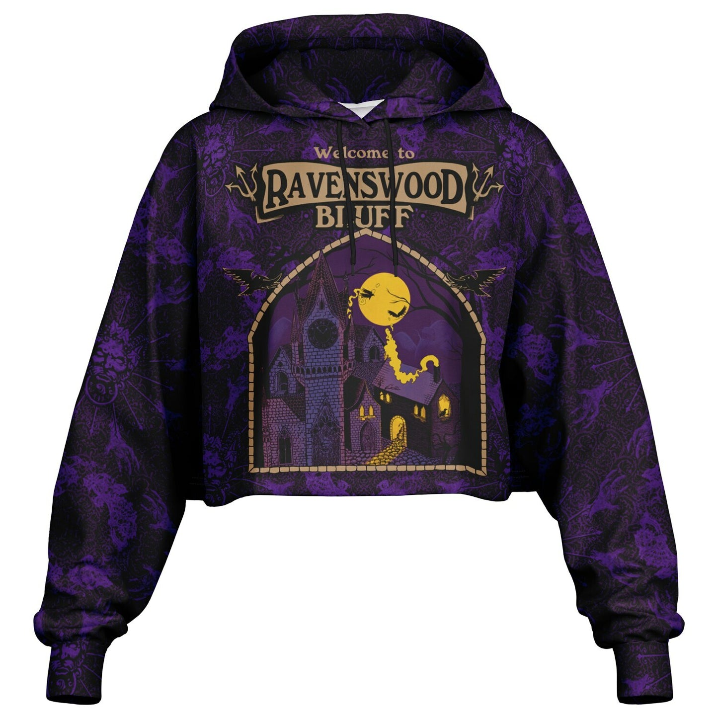 cropped short hoodie for Blood on the Clocktower fans featuring a portal view into the mythical setting of the boardgame, Ravenswood Bluff and a Welcome sign