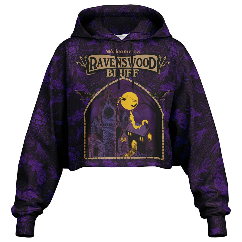 cropped short hoodie for Blood on the Clocktower fans featuring a portal view into the mythical setting of the boardgame, Ravenswood Bluff and a Welcome sign