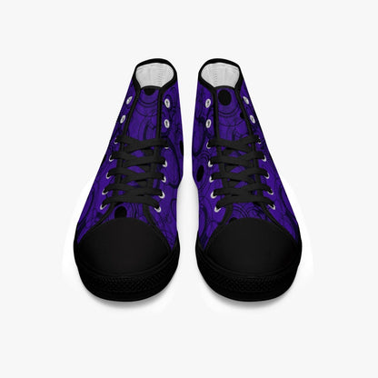 front view of the Women's Time Lord Gallifreyan Gallifrey language retro sneakers in a vivid gothic purple at Gallery Serpentine