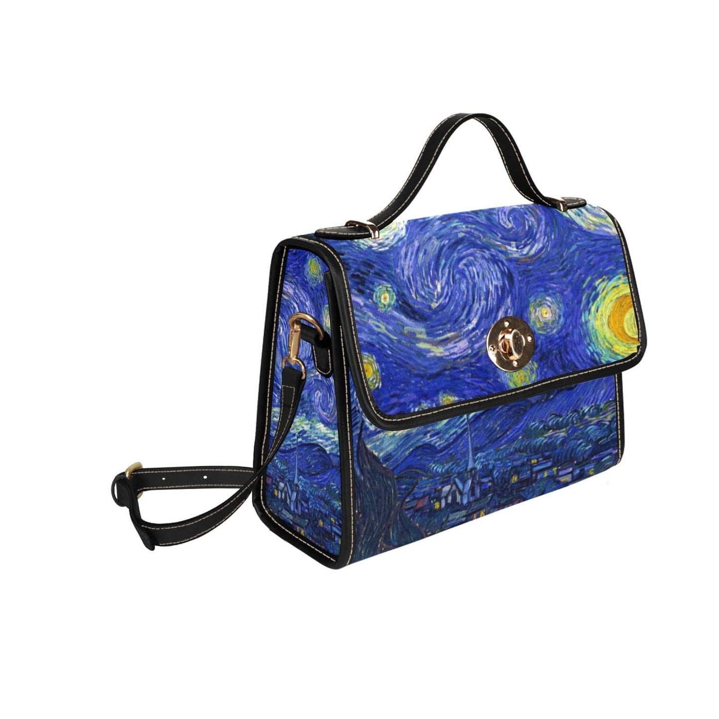 side view of the famous Van Gogh Starry Night printed on a high quality boxy satchel at Gallery Serpentine