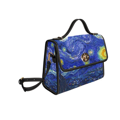 side view of the famous Van Gogh Starry Night printed on a high quality boxy satchel at Gallery Serpentine