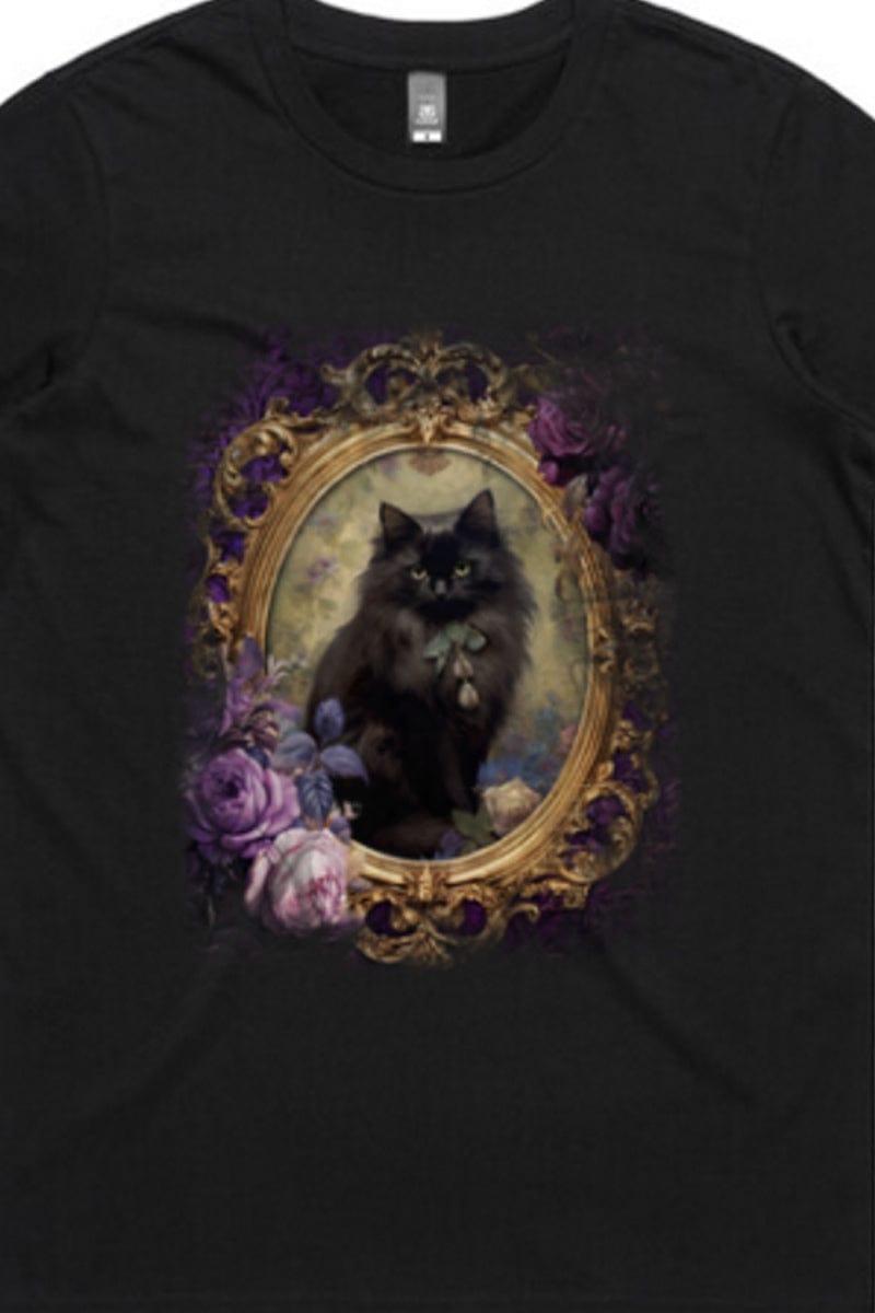 black cat in a rococo gold frame surrounded by vintage roses on a romantic gothic t-shirt 2