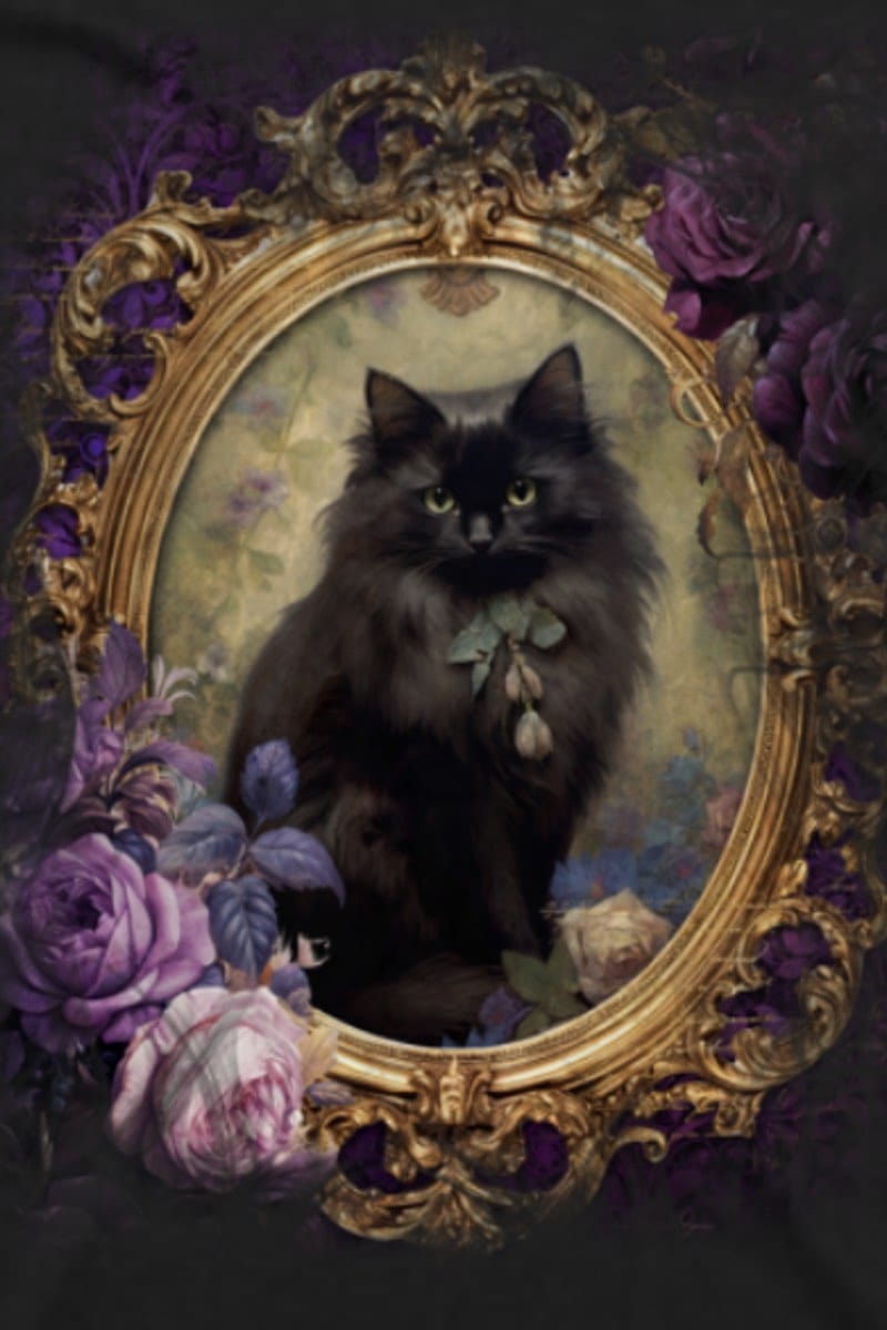 close up on the black cat in a rococo gold frame surrounded by purple toned vintage roses on a romantic gothic t-shirt