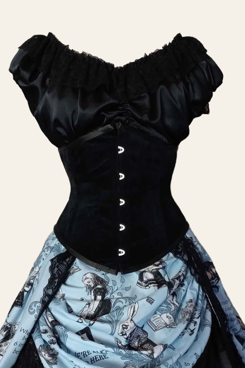 black Velvet Lilly corset with a soft blue alice in wonderland bustle skirt at Gallery Serpentine
