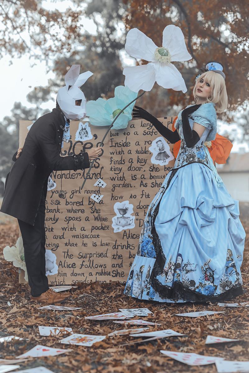 gothic victorian blue Alice in Wonderland corset gown with white rabbit male