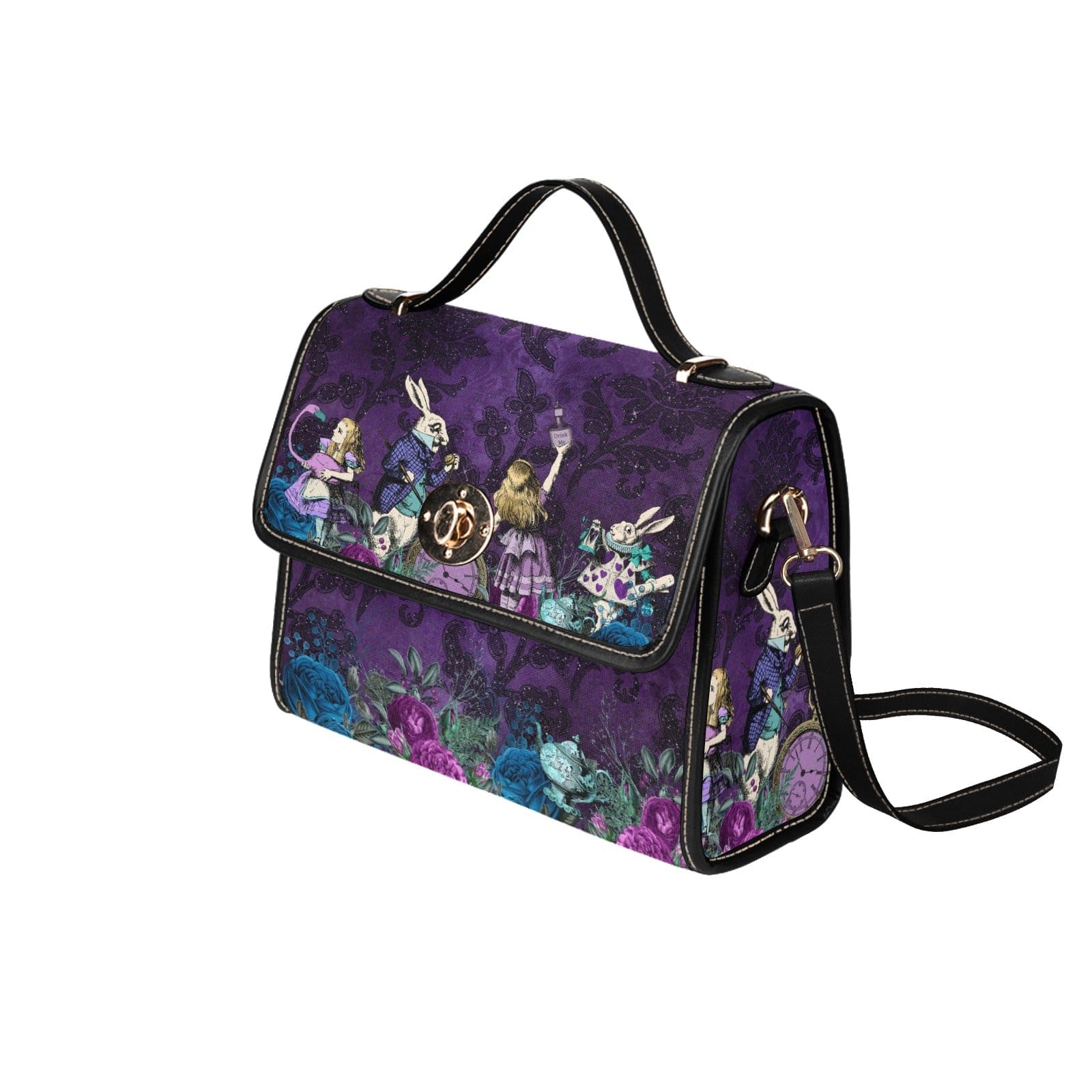 side front view showing the black faux leather strap and handle of the Purple damask background on an Alice in wonderland themed gothic satchel handbag featuring the White Rabbit at Gallery Serpentine