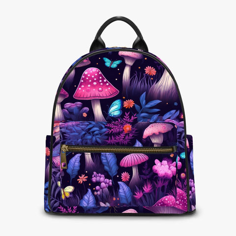 backpack featuring a midnight garden of mushroomcore bright glowing pink and purple mushrooms printed on strong waterproof pu