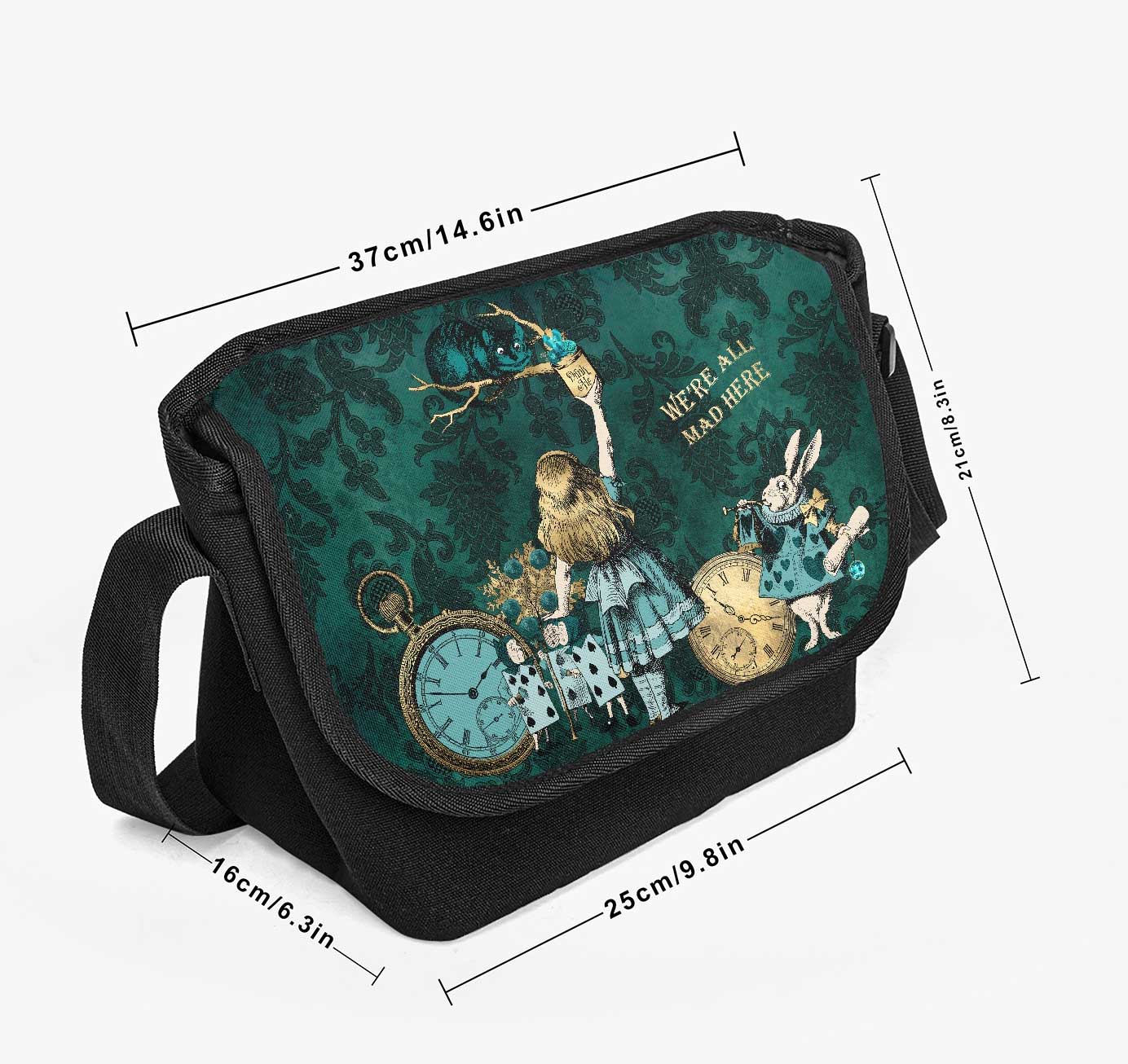 DARK GREEN TEAL ALICE IN WONDERLAND CANVAS MESSENGER BAG AT GALLERY SERPENTINE showing dimensions of the bag