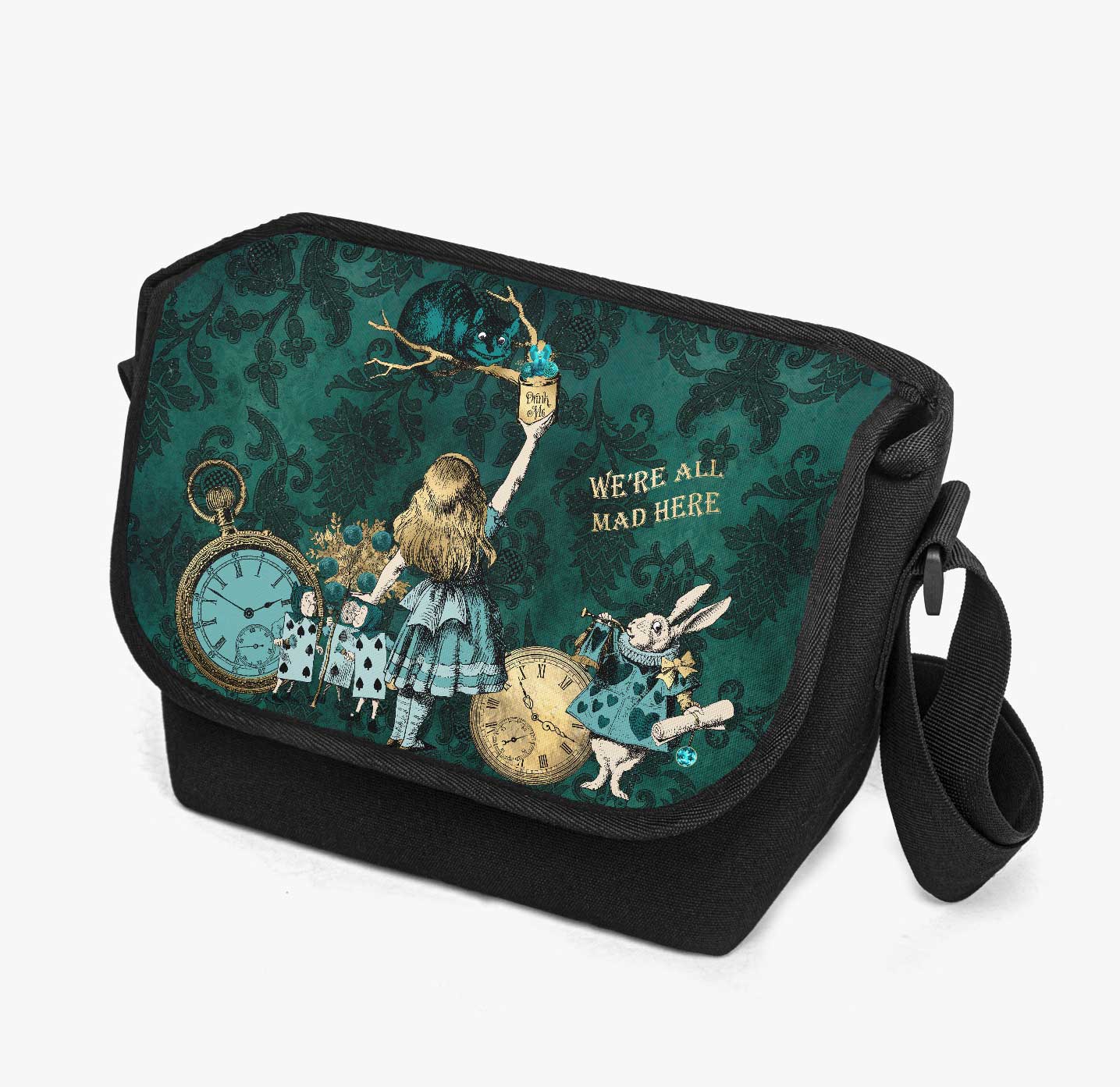 DARK GREEN TEAL ALICE IN WONDERLAND CANVAS MESSENGER BAG AT GALLERY SERPENTINE 1