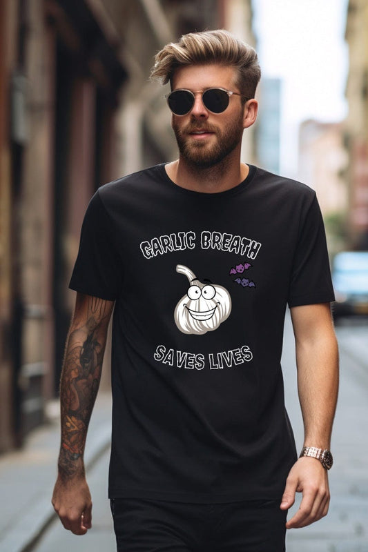 garlic breath saves lives funny mens t-shirt on a  male