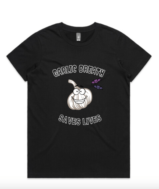 Garlic Breath saves lives is a funny garlic eaters black t-shirt with white printing and a smiling garlic cartoon bulb