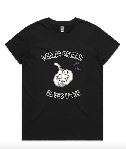 Garlic Breath saves lives is a funny garlic eaters black t-shirt with white printing and a smiling garlic cartoon bulb