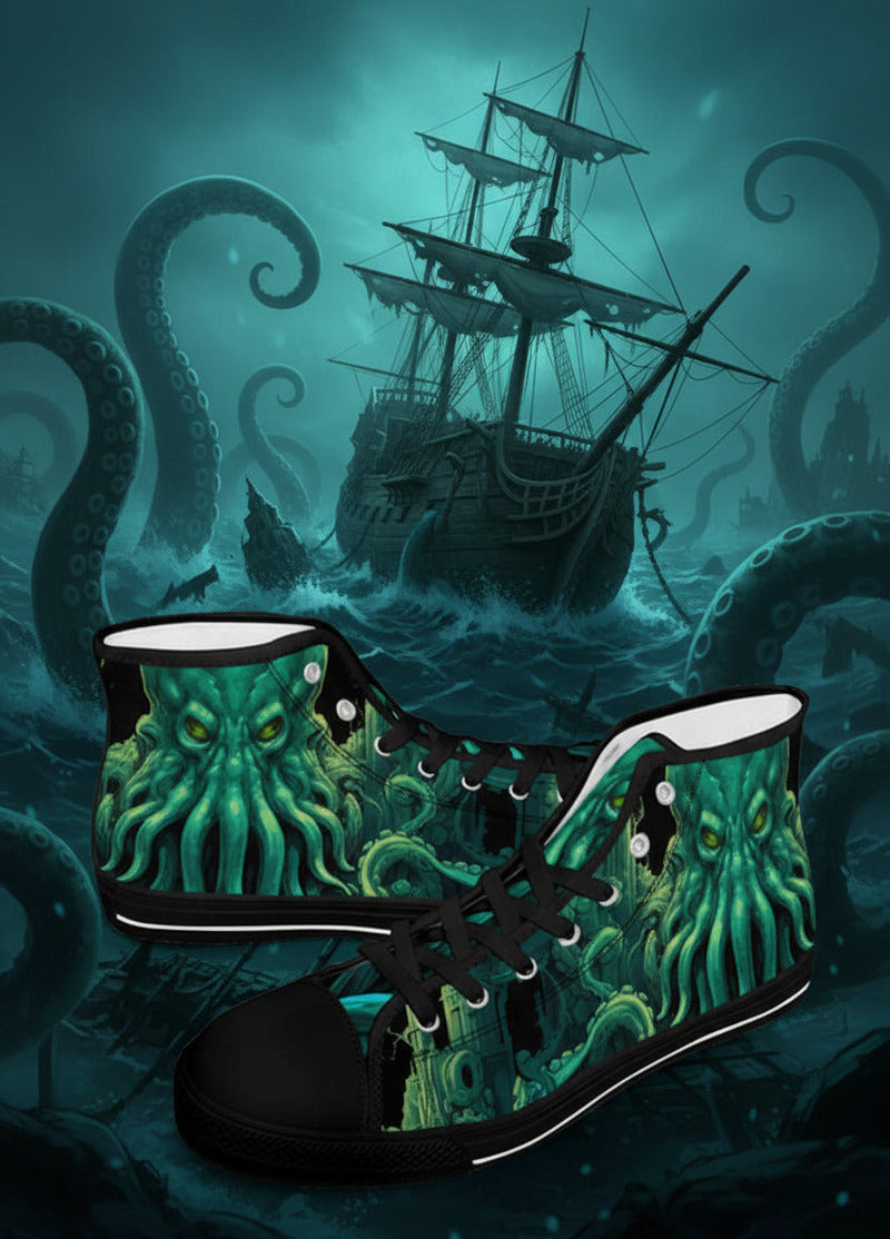 HP Lovecraft's Cthulhu comes to life on a pair of vivid deep sea green Kraken high tops for women at Gallery Serpentine 2