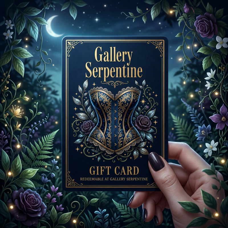 Gothic woman's hand is holding a Gallery Serpentine digital gift card against a midnight garden in teal colours