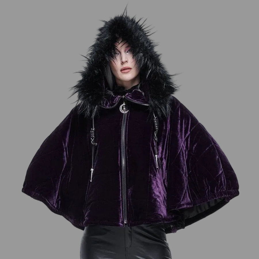 gothic purple quilted velvet fur trimmed hooded cape with pockets worn by a female woman