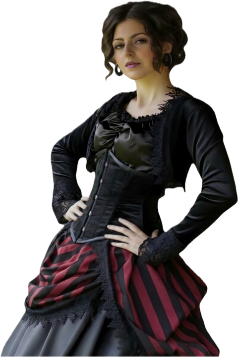 Woman wearing a black and red Victorian-style dress on a white background