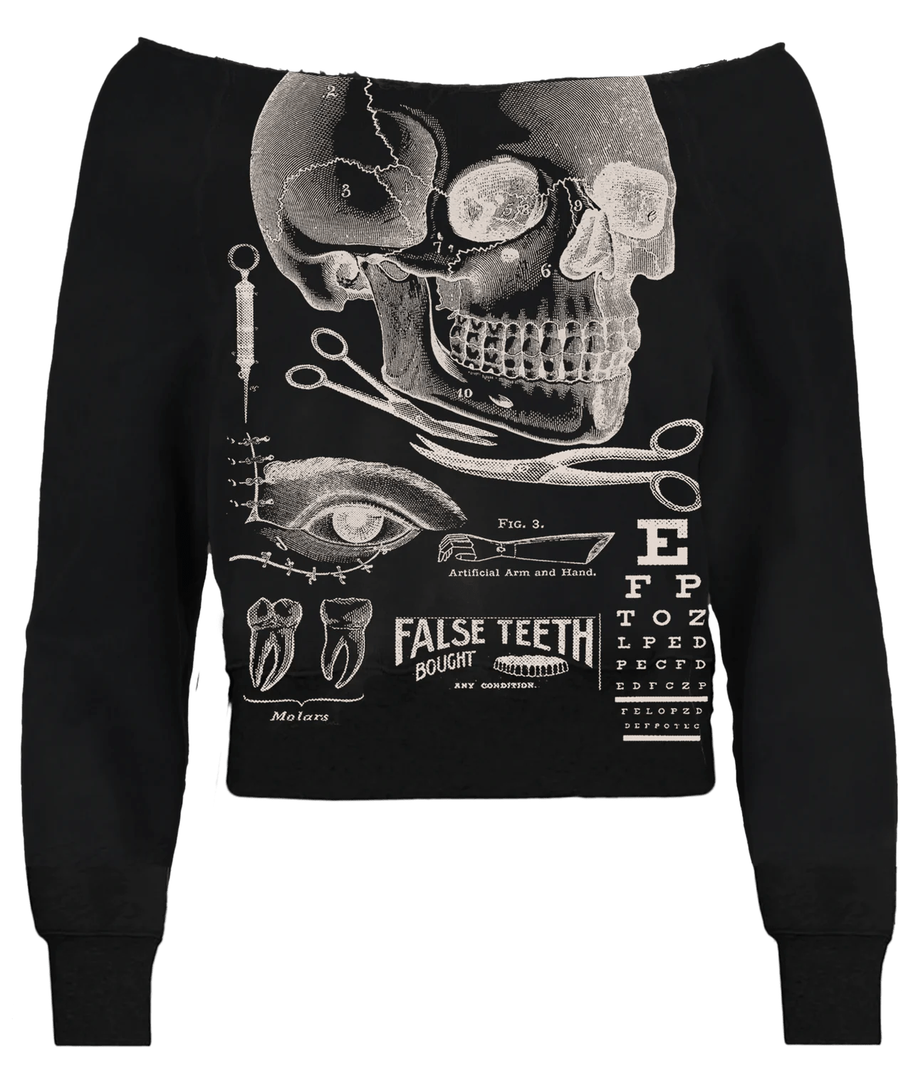 close up image 2 of the raw edge off the shoulder sweatshirt featuring a vintage x-ray screen print of victorian medical malpractice chart from Se7en Deadly, made in the USA, available at Gallery Serpentine