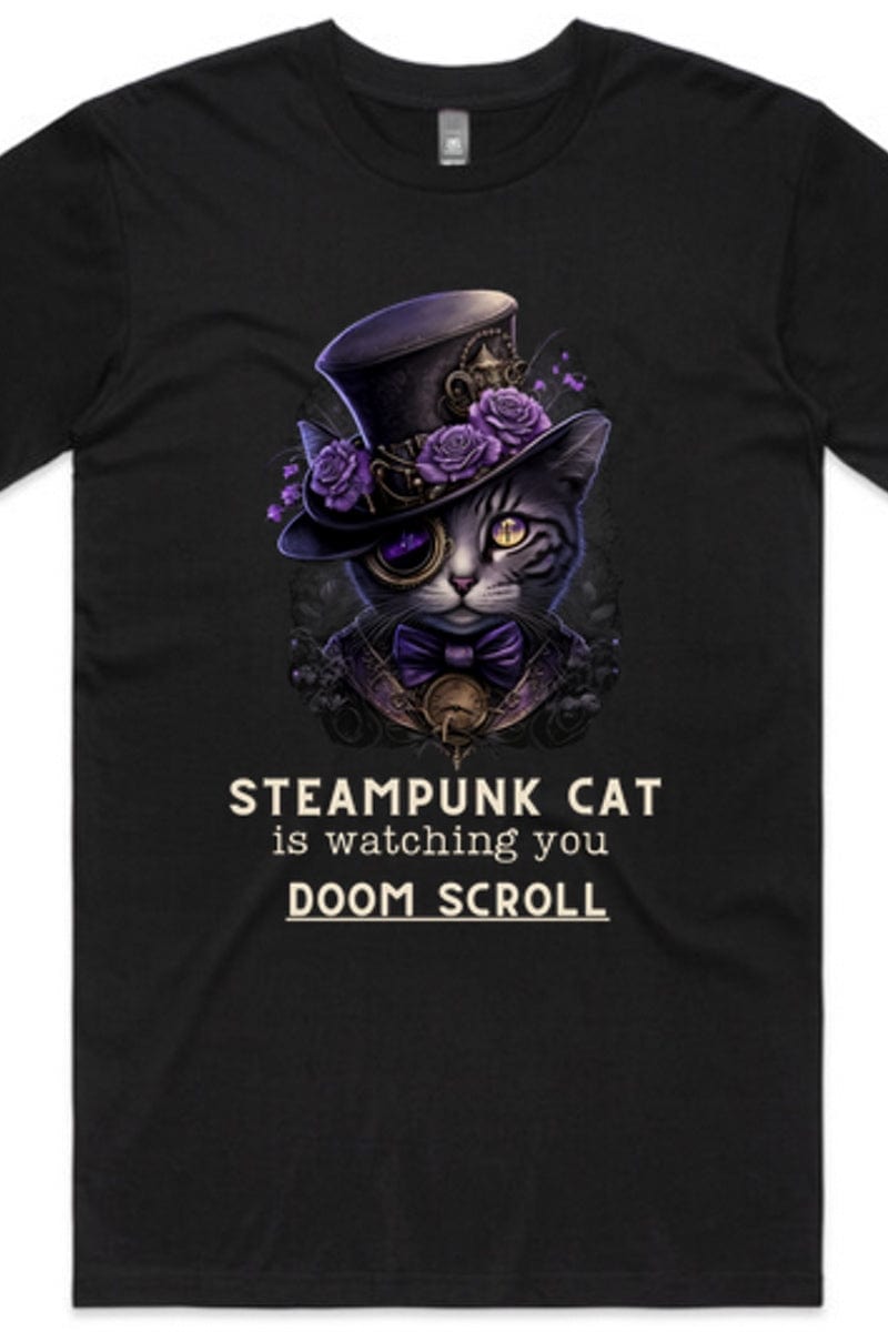 Steampunk Cat is Watching You Doom Scroll - Men's AS Colour, Staple Crew Tee