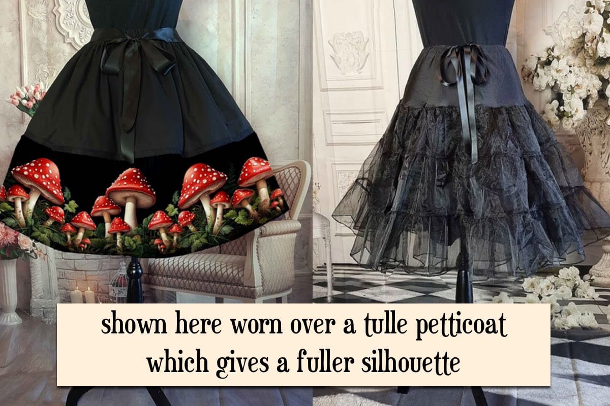 red toadstool mid length skirt shown with black tulle petticoat beside it