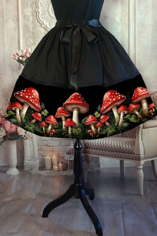 bright red toadstools cottage core mushroom core mid length skirt
