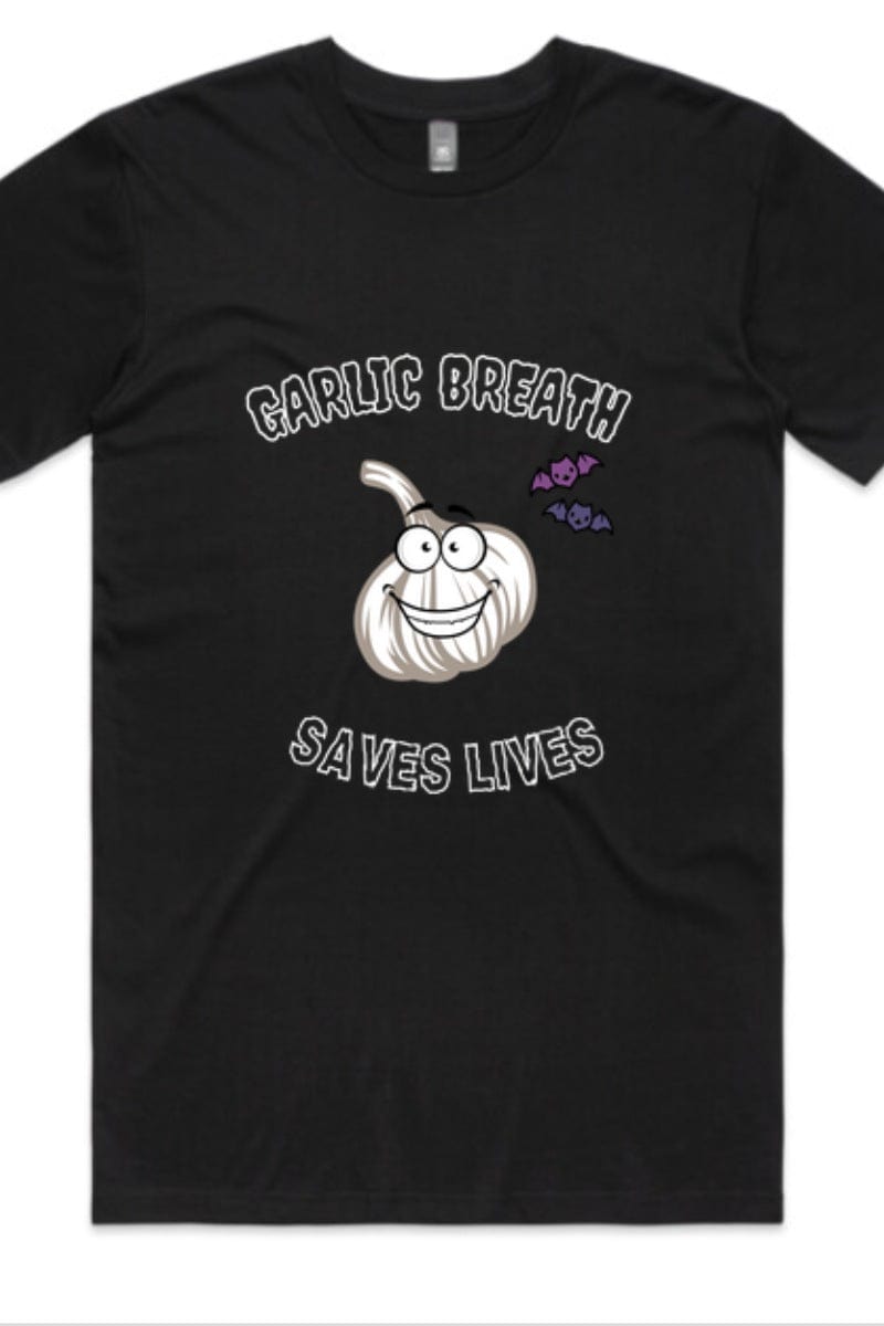 garlic breath saves lives funny mens t-shirt laying flat