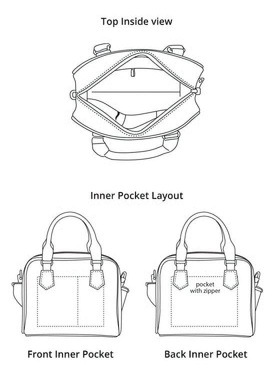 line drawing showing the details of the Agatha Christie Murder Mystery handbag at Gallery Serpentine