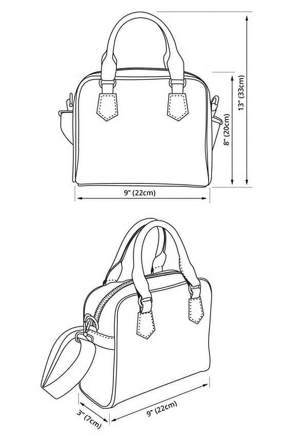 line drawing showing the details of the Agatha Christie Murder Mystery handbag dimensions at Gallery Serpentine