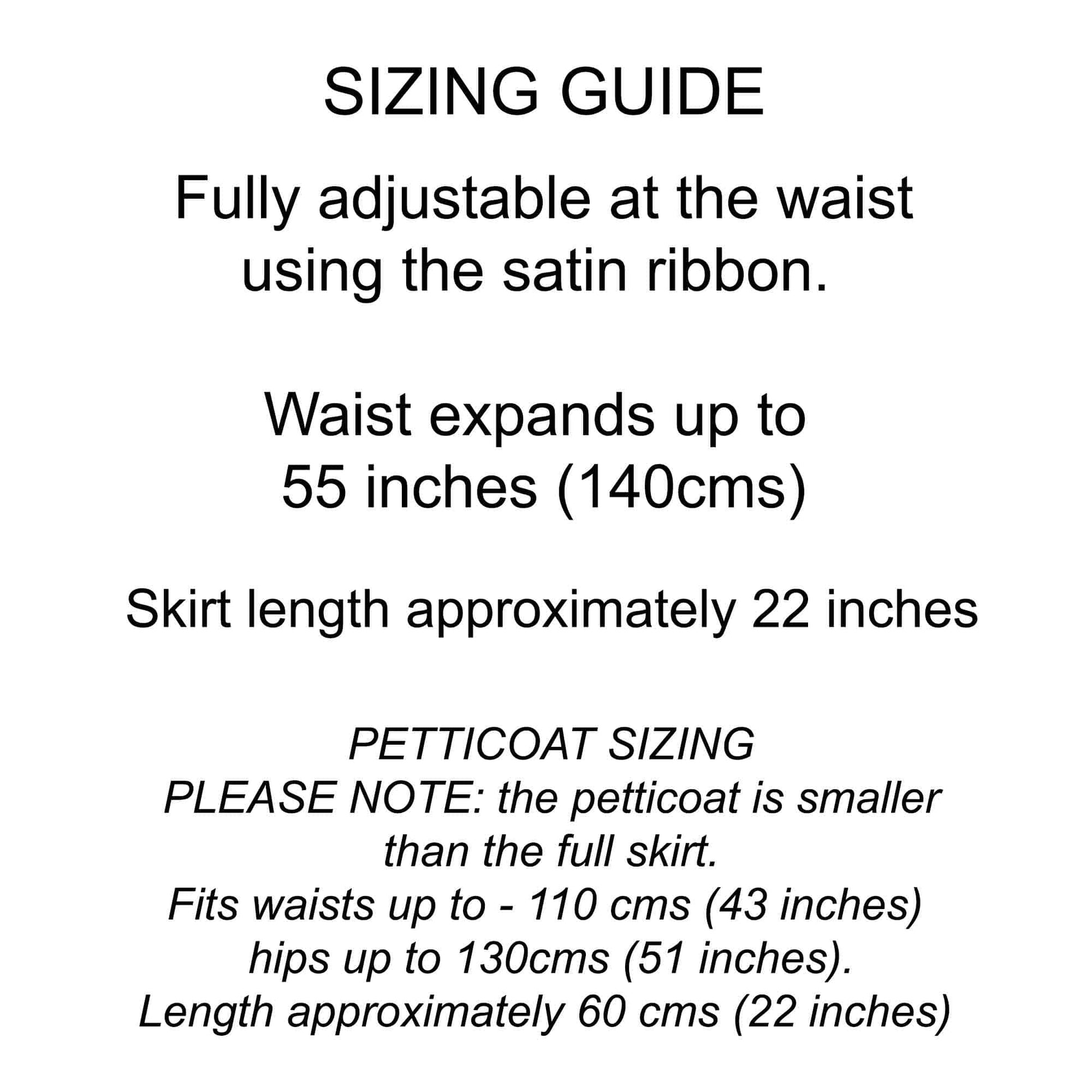 sizing guide for the AIW vintage illustrations skirt and the recommended petticoat that goes underneath it