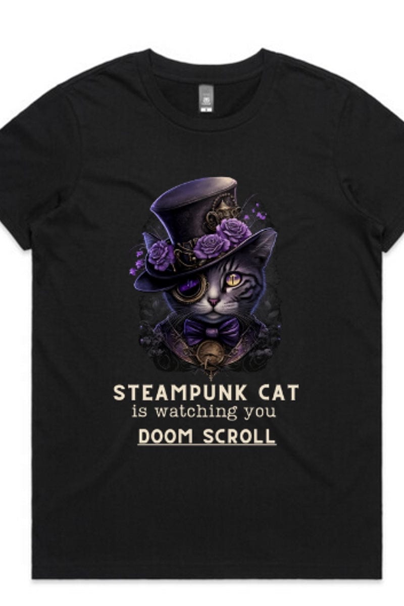 steampunk cat is watching you doom scroll black cotton womens AS Colour Maple tshirt at Gallery Serpentine