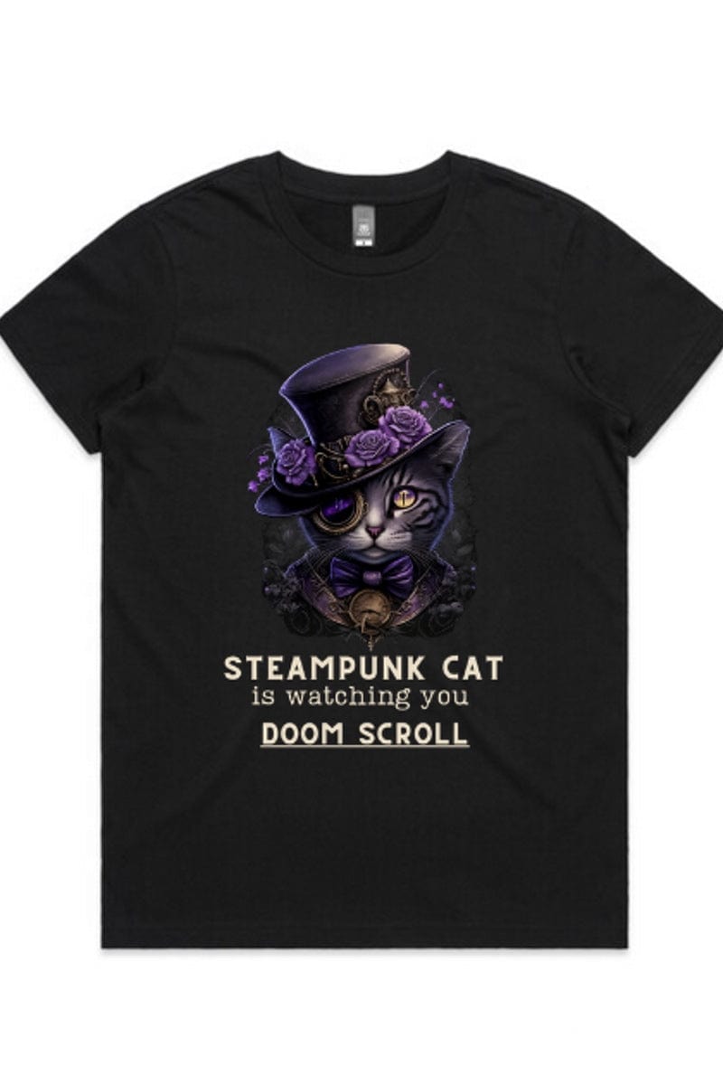 steampunk cat is watching you doom scroll black womens AS Colour Maple tshirt at Gallery Serpentine
