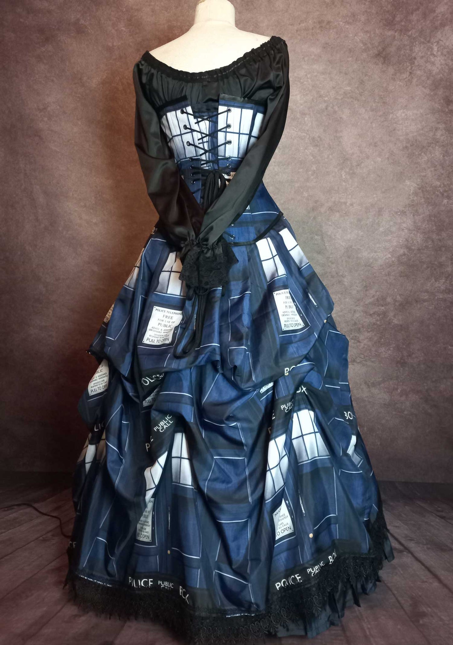Tardis corset gown made in Australia, made to measure, steel boned corset, Dr Who wedding gown at Gallery Serpentine featuring the Gallifreyan Time Lord language, back of gown