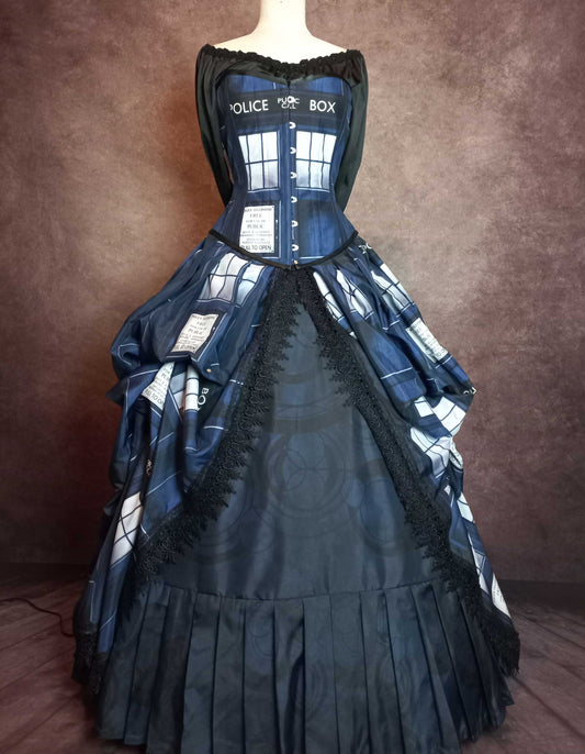 Tardis corset gown made in Australia, made to measure, steel boned corset, Dr Who wedding gown
