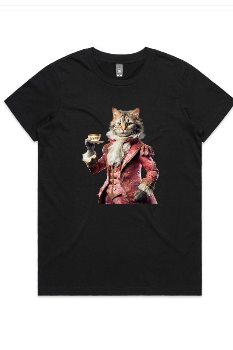 cat in a victorian costume drinking a cup of tea ona womens black AS Colour Maple Australian t-shirt