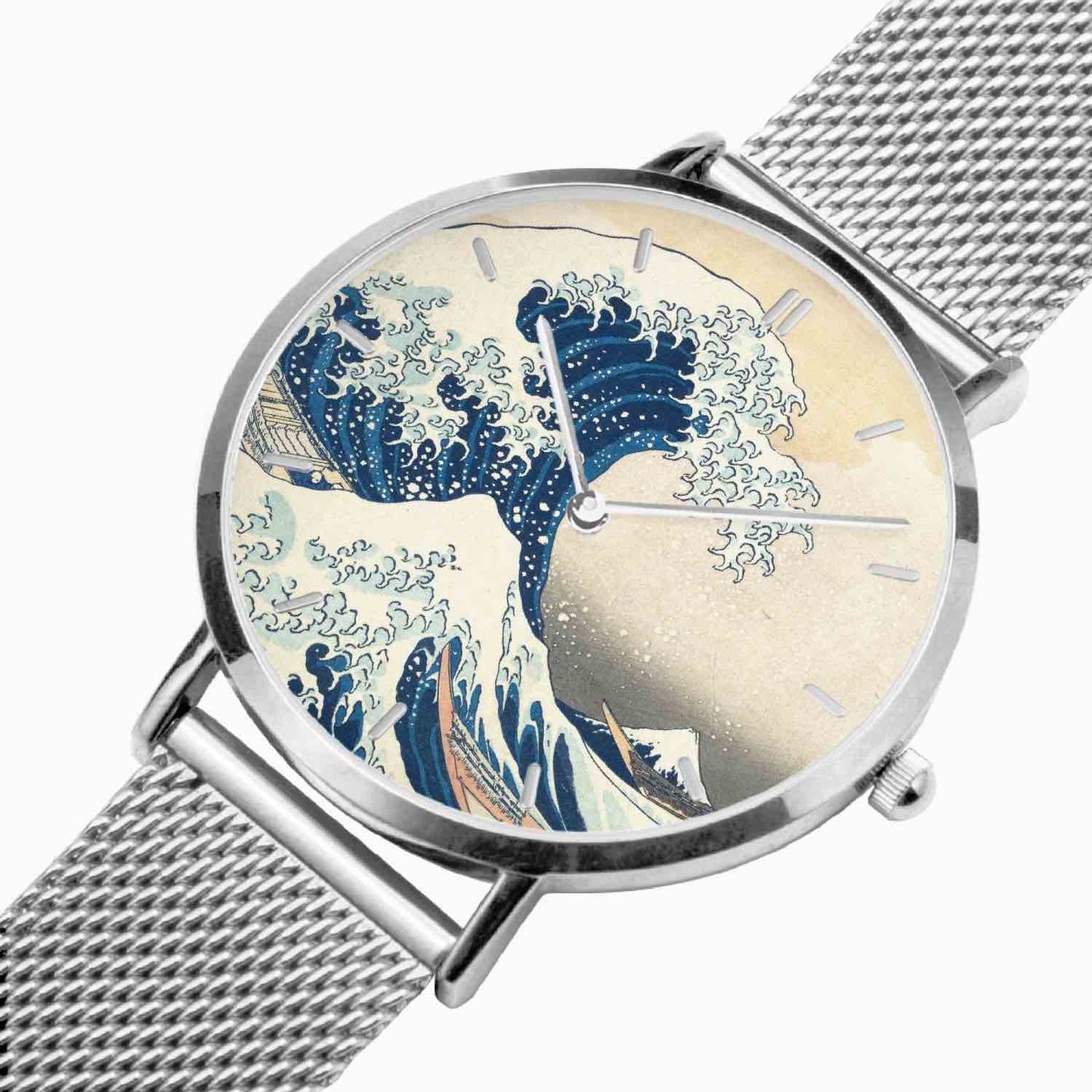 close up on the silver version of The Great Wave watch from Gallery Serpentine