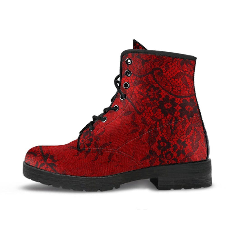 side view of the gothic black lace printed on red vegan leather boots at Gallery Serpentine