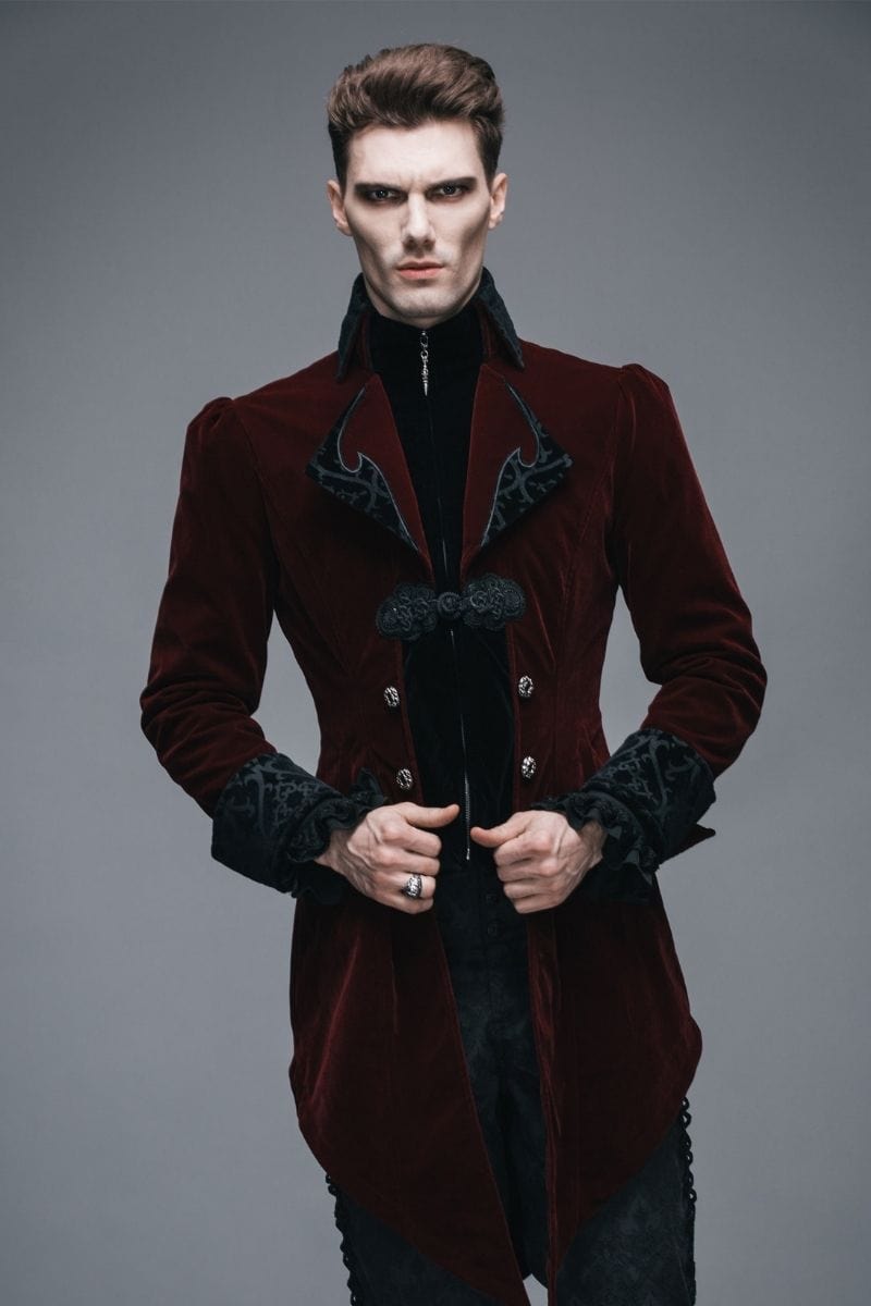 gorgeous gothic victorian dark red velvet men's tail coat for weddings, formals, cosplay, victorian costumes 2