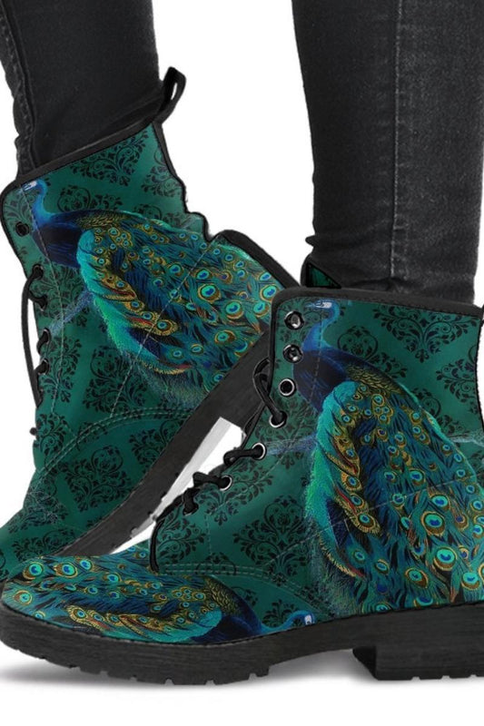 green gold jewelled peacock printed custom vegan boots at Gallery Serpentine