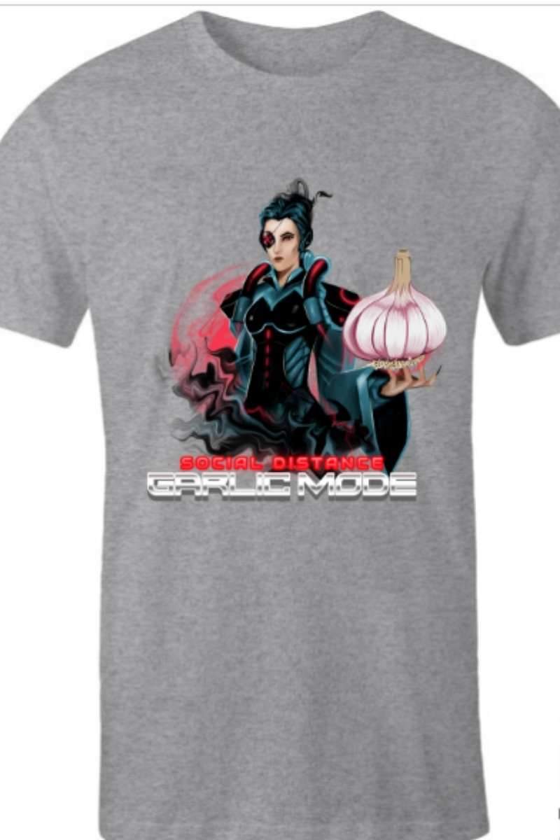 Grey Marle AS Colour Men's Staple Crew tee with Gallery Serpentine print about Social Distancing and garlic