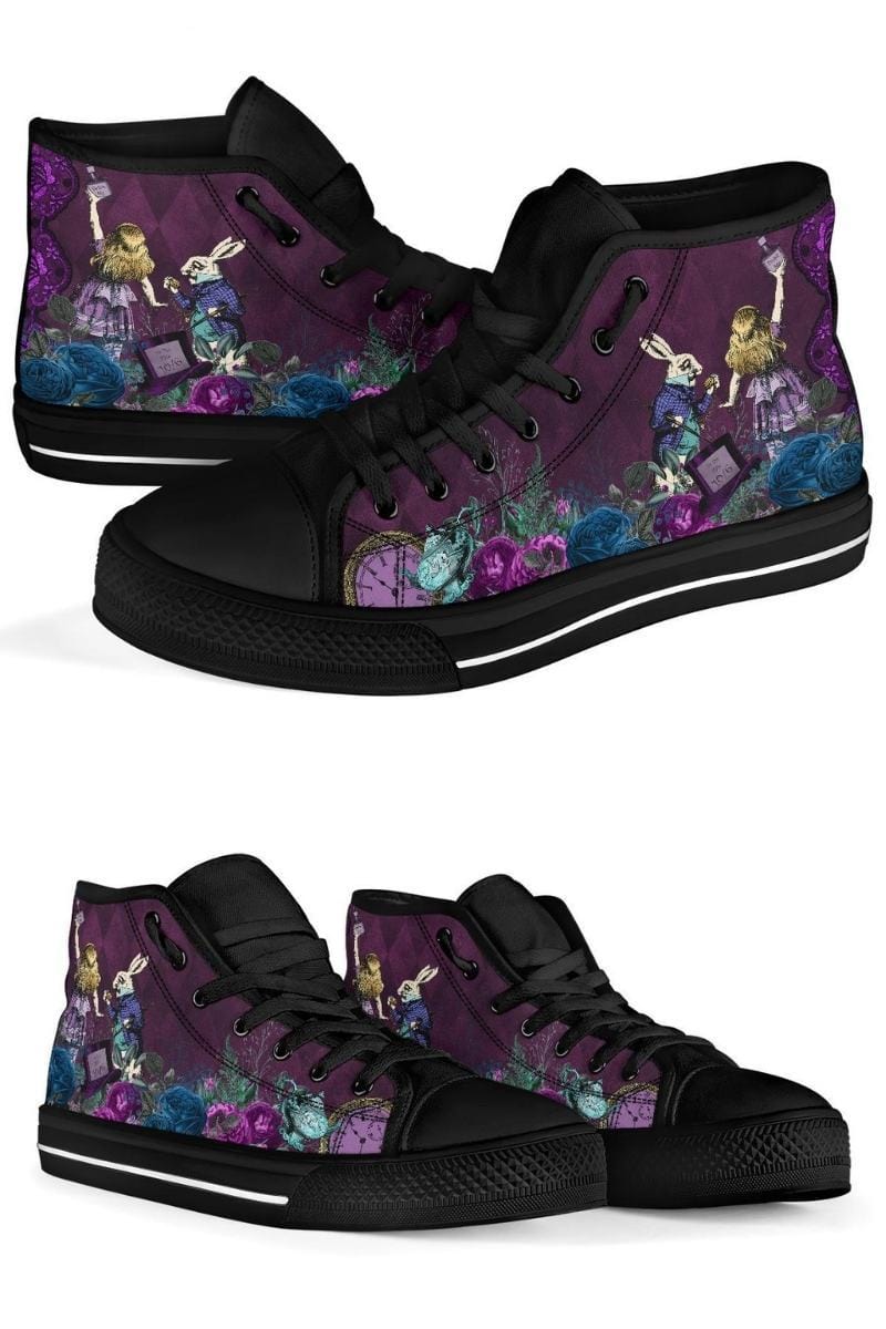 views of toes, sides & lacing of the purple Alice in Wonderland hi top sneakers at Gallery Serpentine