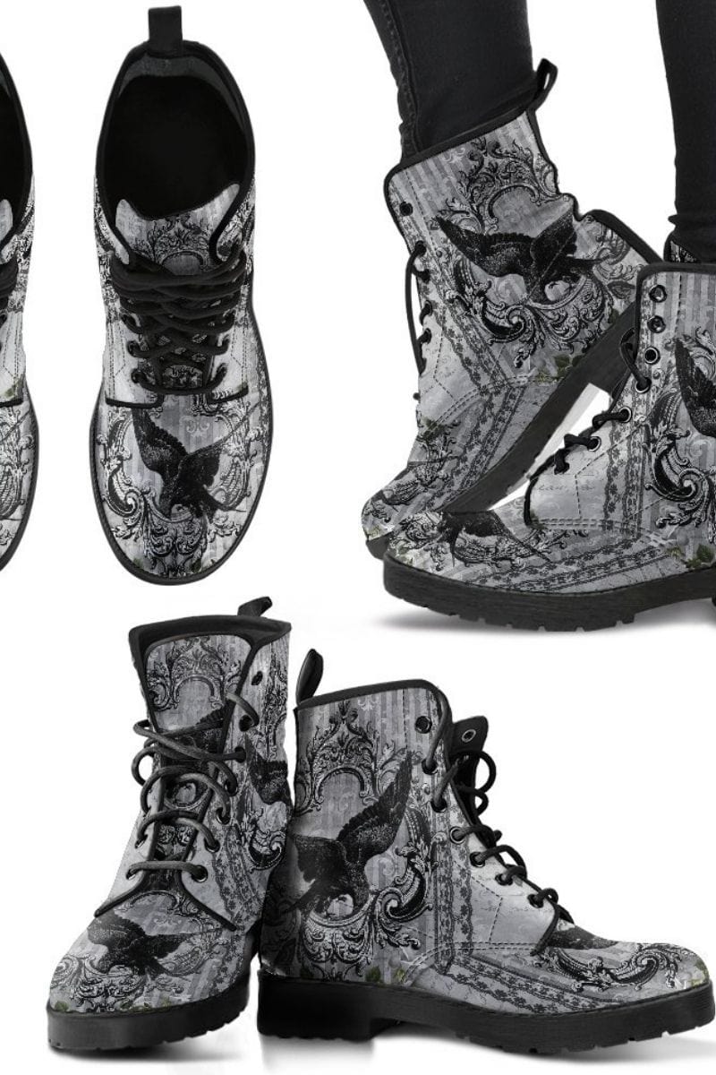 multiple views of the Black gothic raven vegan leather boots
