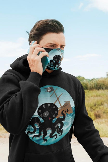 male wearing the Happy Kraken hoodie and matching face mask