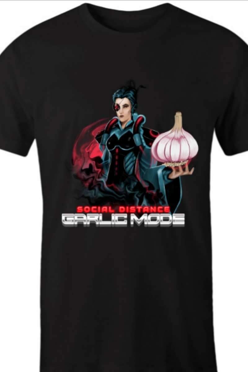 close up of the Garlic Mode print on the men's AS Colour t-shirt made in Australia