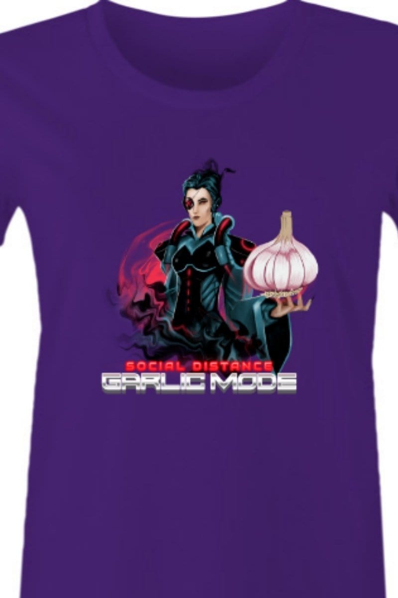 close up on the purple Social Distance with Garlic womens t-shirt