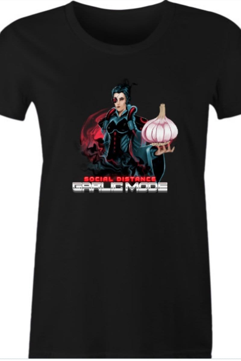 close up on the black Social Distance with Garlic womens t-shirt