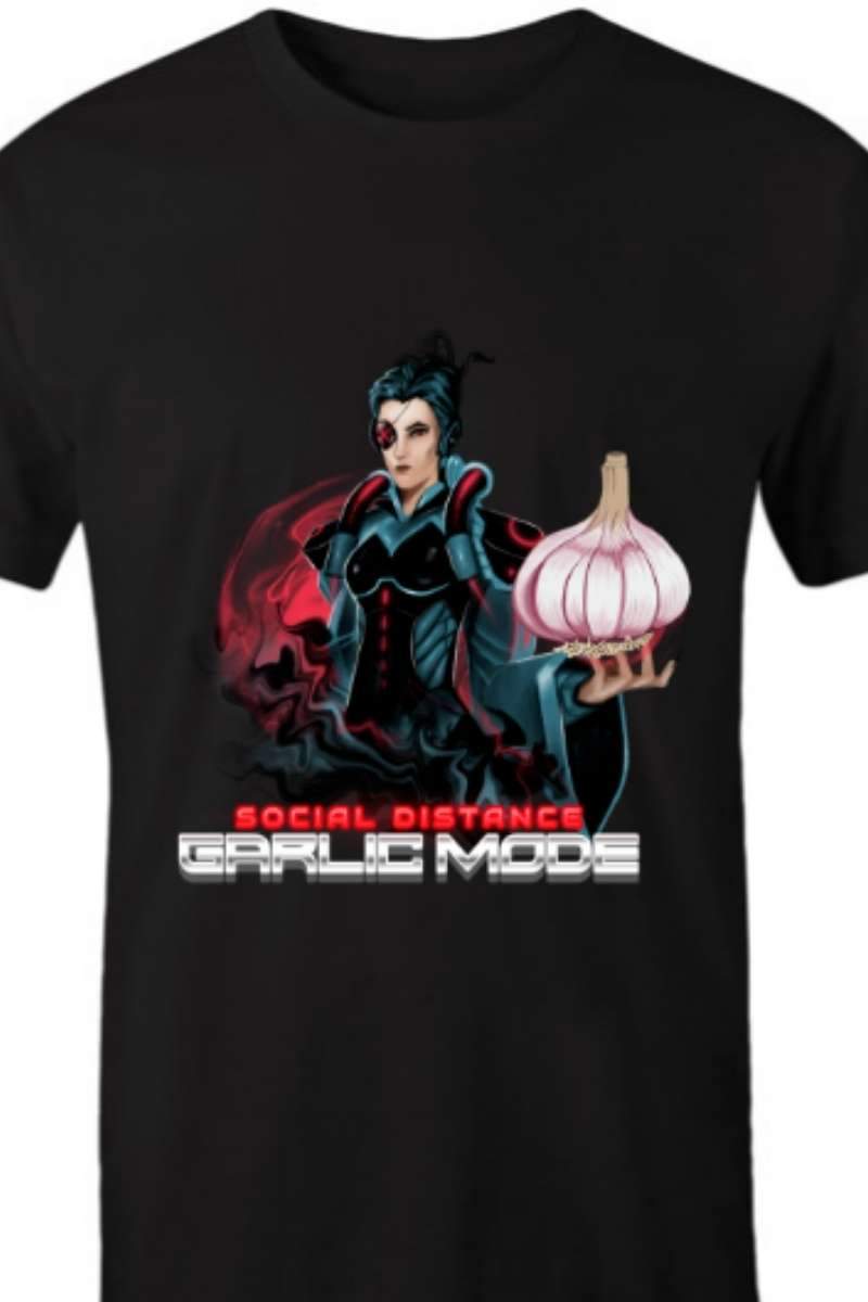 close up on the Men's Social Distance Garlic Mode black t-shirt