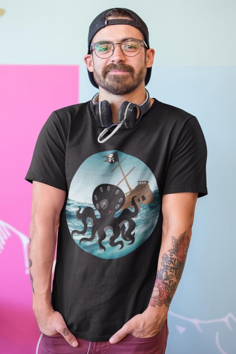 man wearing the Happy Kraken men's pirate themed t-shirt for Father's Day